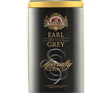 Przód puszki Basilur Earl Grey – elegancki grafitowo-złoty design.