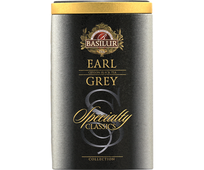 Przód puszki Basilur Earl Grey – elegancki grafitowo-złoty design.