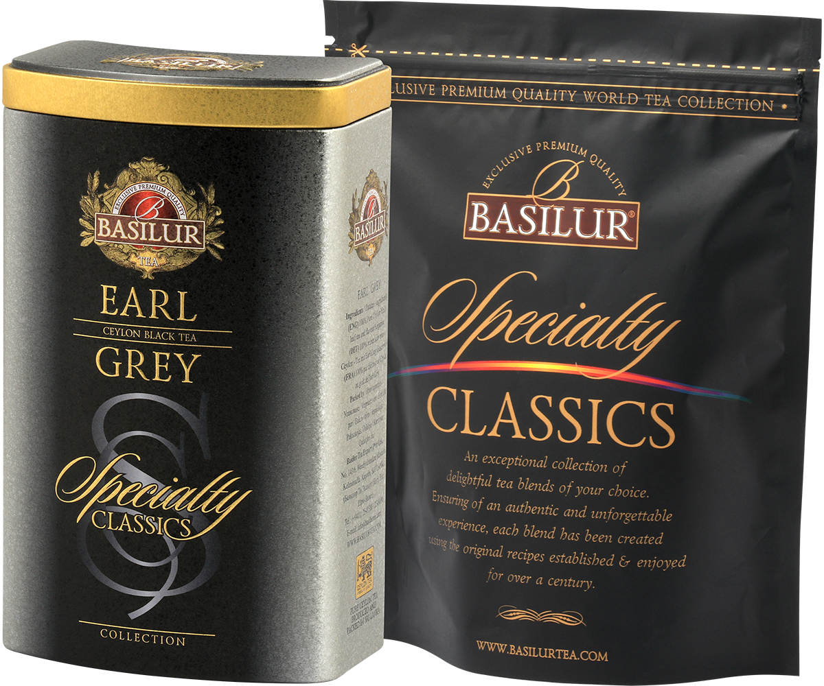 Zestaw Basilur Earl Grey – puszka i foliowy worek ochronny.