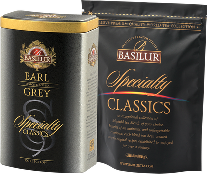 Zestaw Basilur Earl Grey – puszka i foliowy worek ochronny.