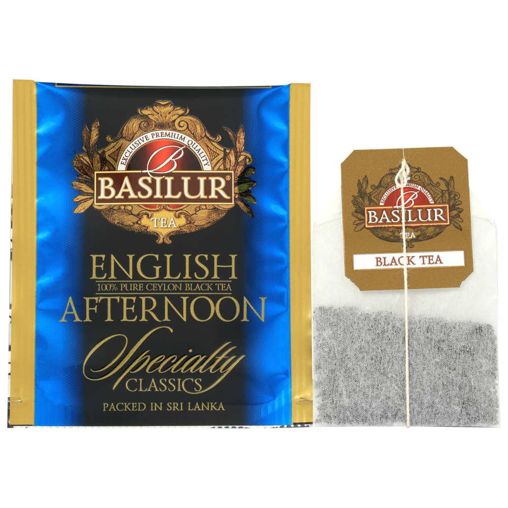 Saszetka herbaty Basilur English Afternoon w złoto-niebieskiej kopercie i torebka z logo Basilur.