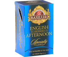 Bok pudełka Basilur English Afternoon z opisem i logo marki.