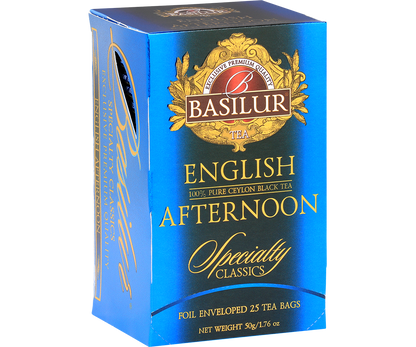 Bok pudełka Basilur English Afternoon z opisem i logo marki.