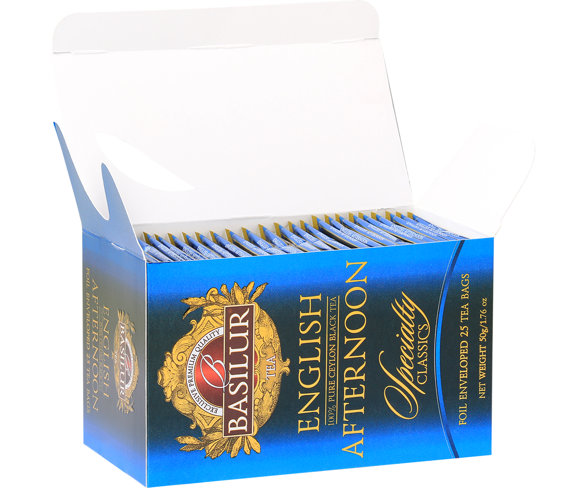 Otwarte opakowanie Basilur English Afternoon z kopertami z czarną herbatą.