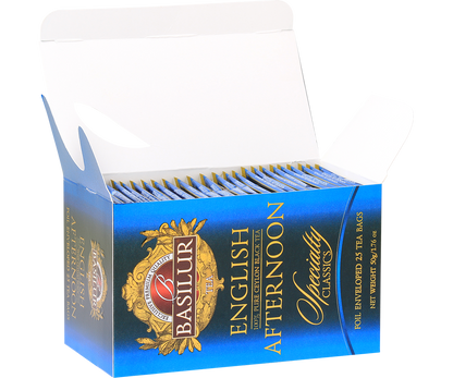 Otwarte opakowanie Basilur English Afternoon z kopertami z czarną herbatą.
