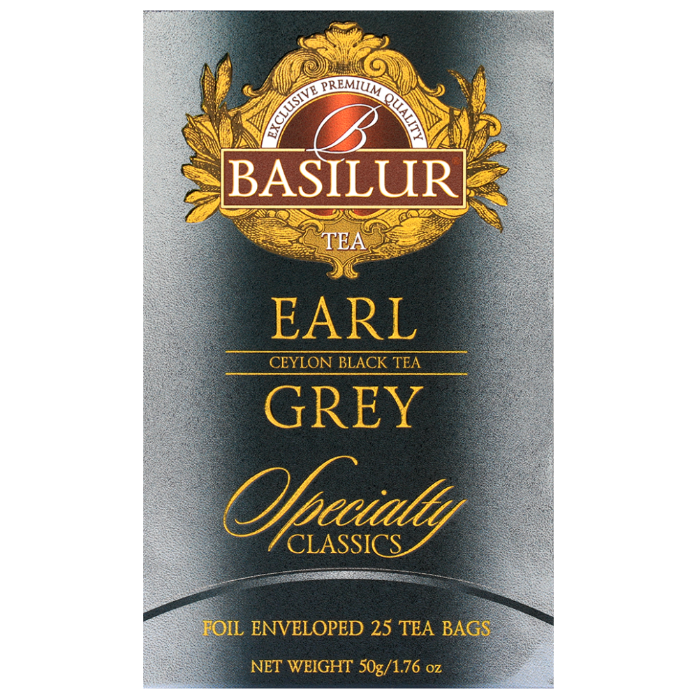 Przód opakowania herbaty Basilur Earl Grey Specialty Classics, eleganckie granatowo-złote pudełko.
