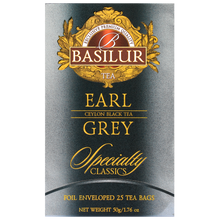 Przód opakowania herbaty Basilur Earl Grey Specialty Classics, eleganckie granatowo-złote pudełko.