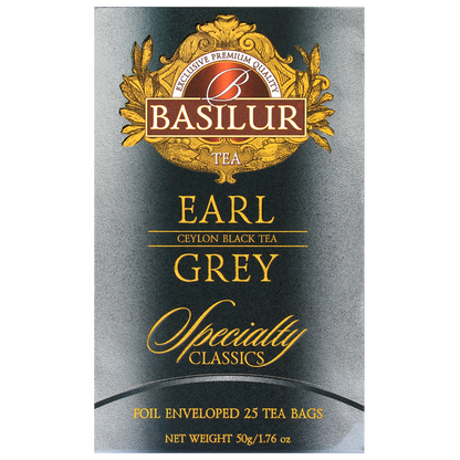 Przód opakowania herbaty Basilur Earl Grey Specialty Classics, eleganckie granatowo-złote pudełko.
