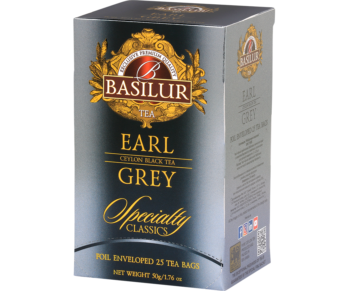 Zamknięte pudełko Basilur Earl Grey Specialty Classics, 25 kopert z herbatą cejlońską.