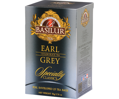 Zamknięte pudełko Basilur Earl Grey Specialty Classics, 25 kopert z herbatą cejlońską.