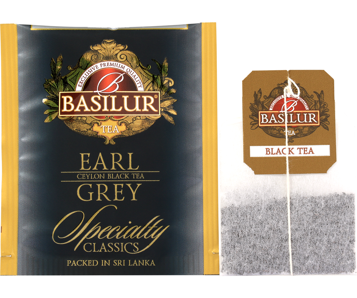 Torebka herbaty Basilur Earl Grey i saszetka foliowa, czarna herbata cejlońska aromatyzowana bergamotką.