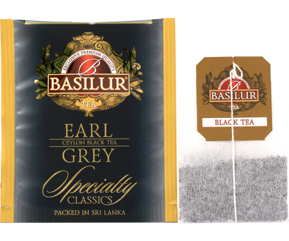Torebka herbaty Basilur Earl Grey i saszetka foliowa, czarna herbata cejlońska aromatyzowana bergamotką.