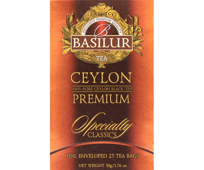 Przód opakowania Basilur Ceylon Premium w pomarańczowo-złotych barwach.
