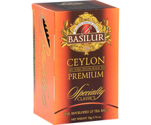 Bok pudełka Basilur Ceylon Premium z logo i opisem produktu.