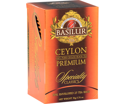 Bok pudełka Basilur Ceylon Premium z logo i opisem produktu.