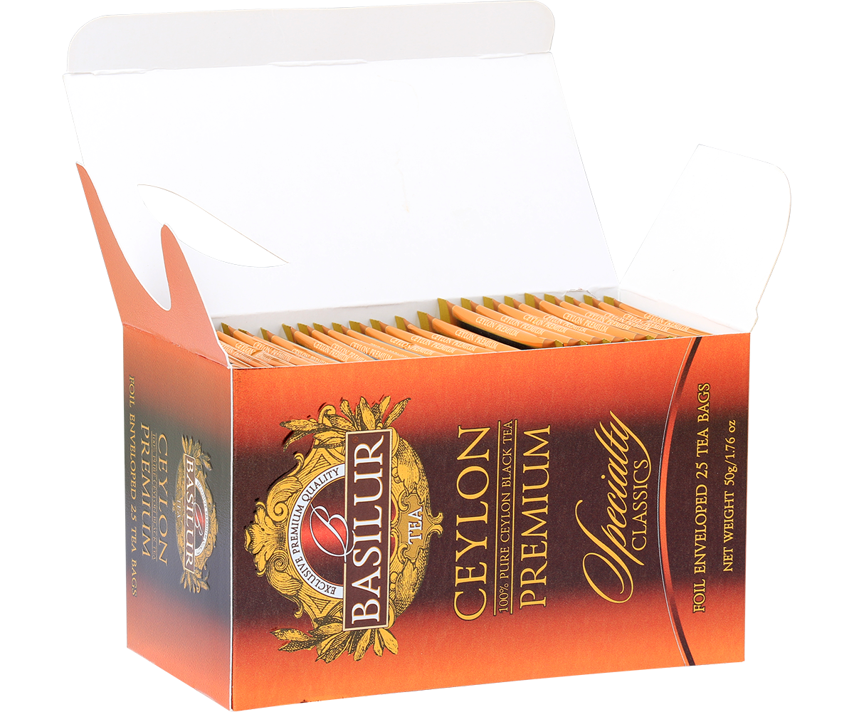 Otwarte opakowanie Basilur Ceylon Premium z kopertami herbaty.
