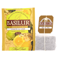 Koperta herbaty Basilur Lemon & Lime oraz torebka herbaty czarnej z etykietą.