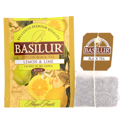 Koperta herbaty Basilur Lemon & Lime oraz torebka herbaty czarnej z etykietą.