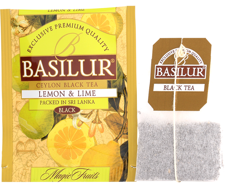 Koperta herbaty Basilur Lemon & Lime oraz torebka herbaty czarnej z etykietą.