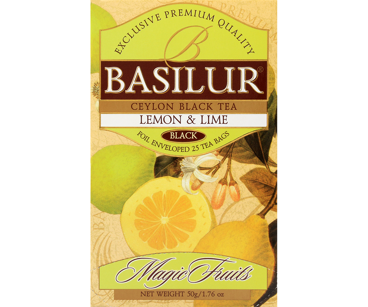 Przód opakowania Basilur Lemon & Lime – czarna herbata z cytryną i limonką.