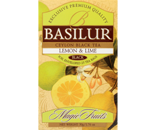 Przód opakowania Basilur Lemon & Lime – czarna herbata z cytryną i limonką.