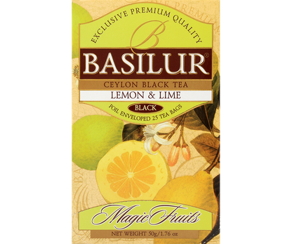 Przód opakowania Basilur Lemon & Lime – czarna herbata z cytryną i limonką.