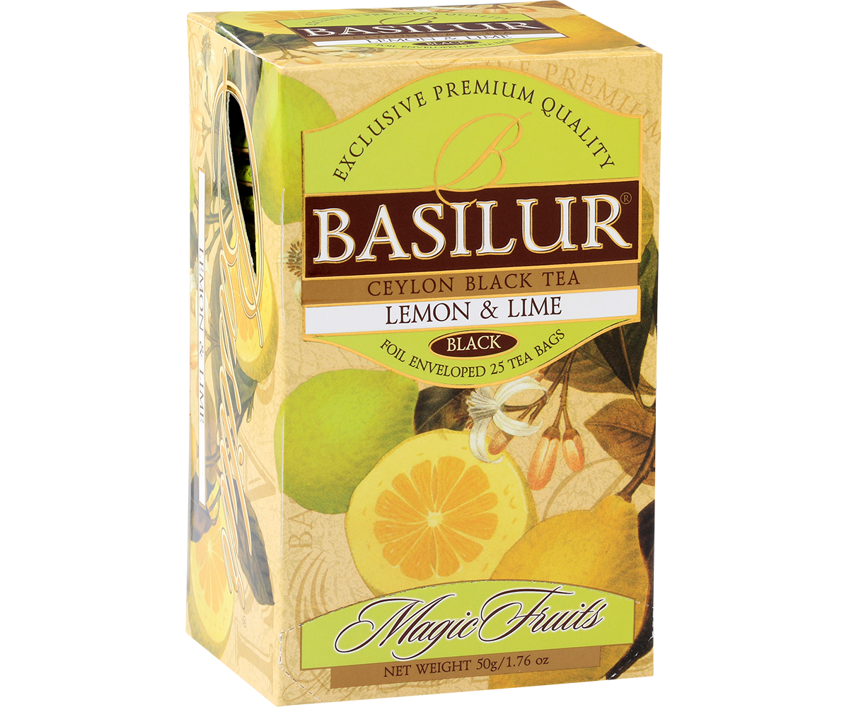 Bok pudełka Basilur Lemon & Lime z owocowym wzorem.