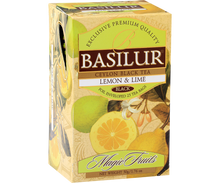 Bok pudełka Basilur Lemon & Lime z owocowym wzorem.