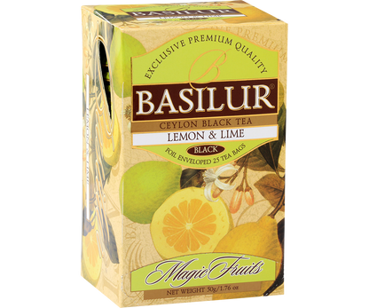 Bok pudełka Basilur Lemon & Lime z owocowym wzorem.