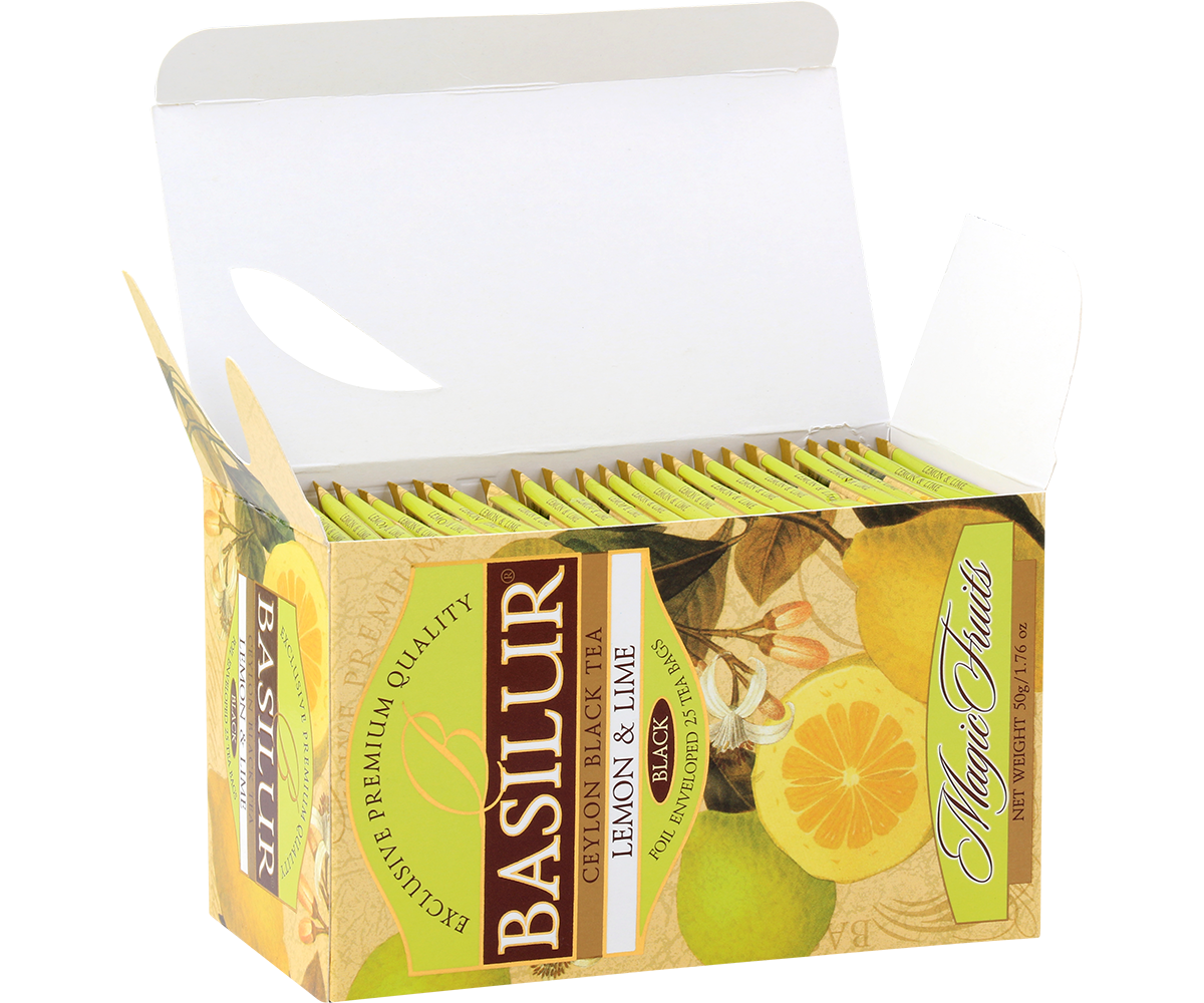 Otwarte pudełko herbaty Basilur Lemon & Lime z rzędem żółto-zielonych saszetek.