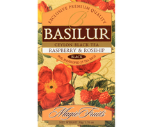 Przód opakowania Basilur Raspberry & Rosehip – czarna herbata z maliną i dziką różą.