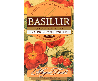 Przód opakowania Basilur Raspberry & Rosehip – czarna herbata z maliną i dziką różą.