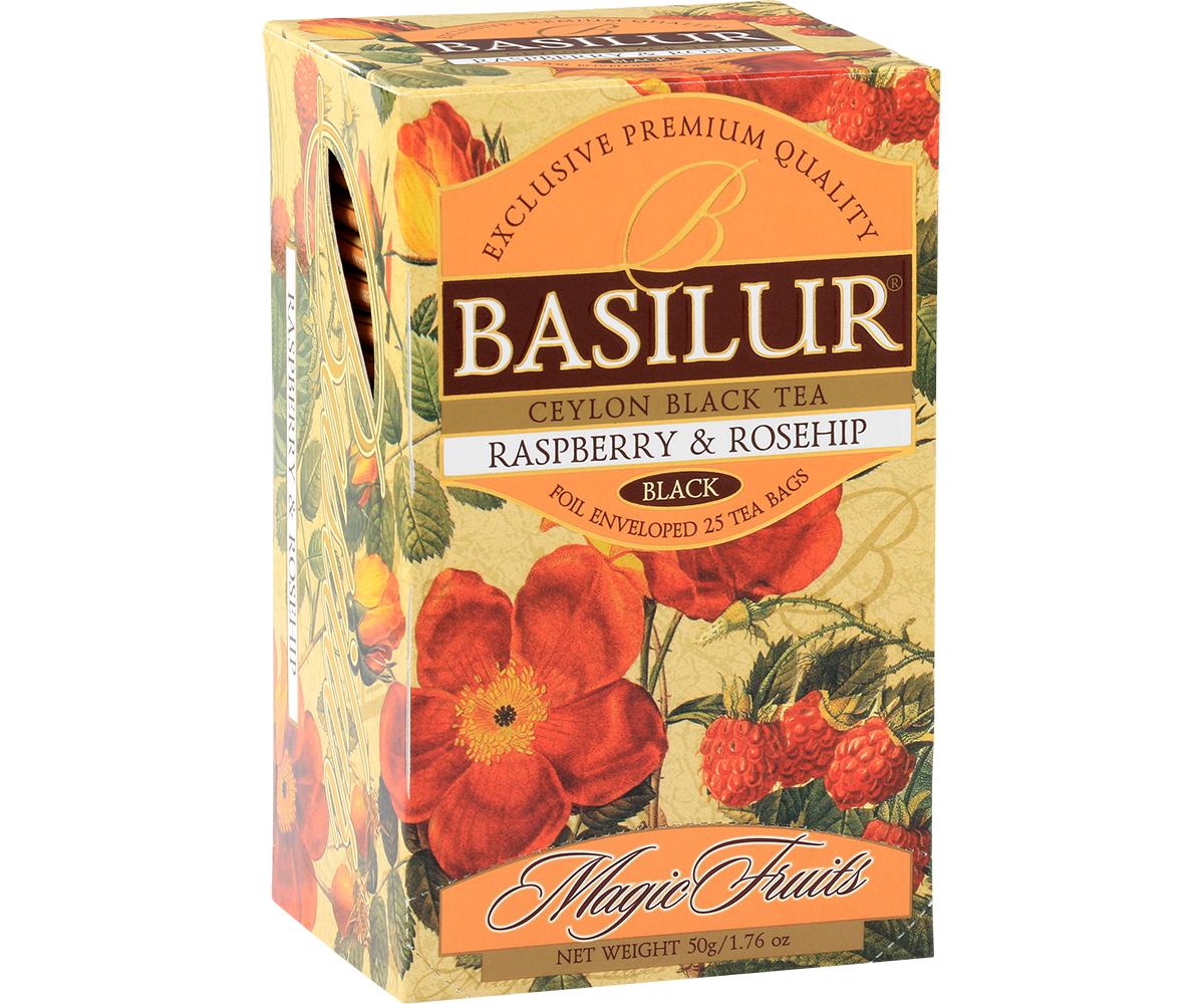 Bok pudełka Basilur Raspberry & Rosehip z ilustracjami malin i kwiatów róży.