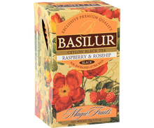 Bok pudełka Basilur Raspberry & Rosehip z ilustracjami malin i kwiatów róży.