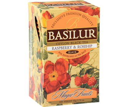 Bok pudełka Basilur Raspberry & Rosehip z ilustracjami malin i kwiatów róży.