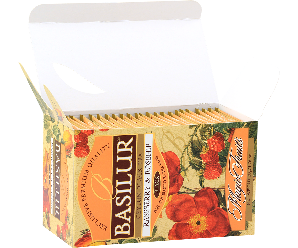 Otwarte pudełko herbaty Basilur Raspberry & Rosehip z widocznymi saszetkami.