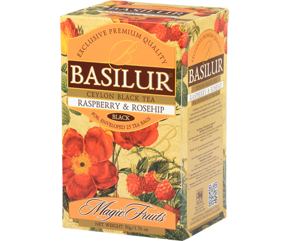 Zestaw czarnej herbaty Basilur Raspberry & Rosehip z kolekcji Magic Fruits.