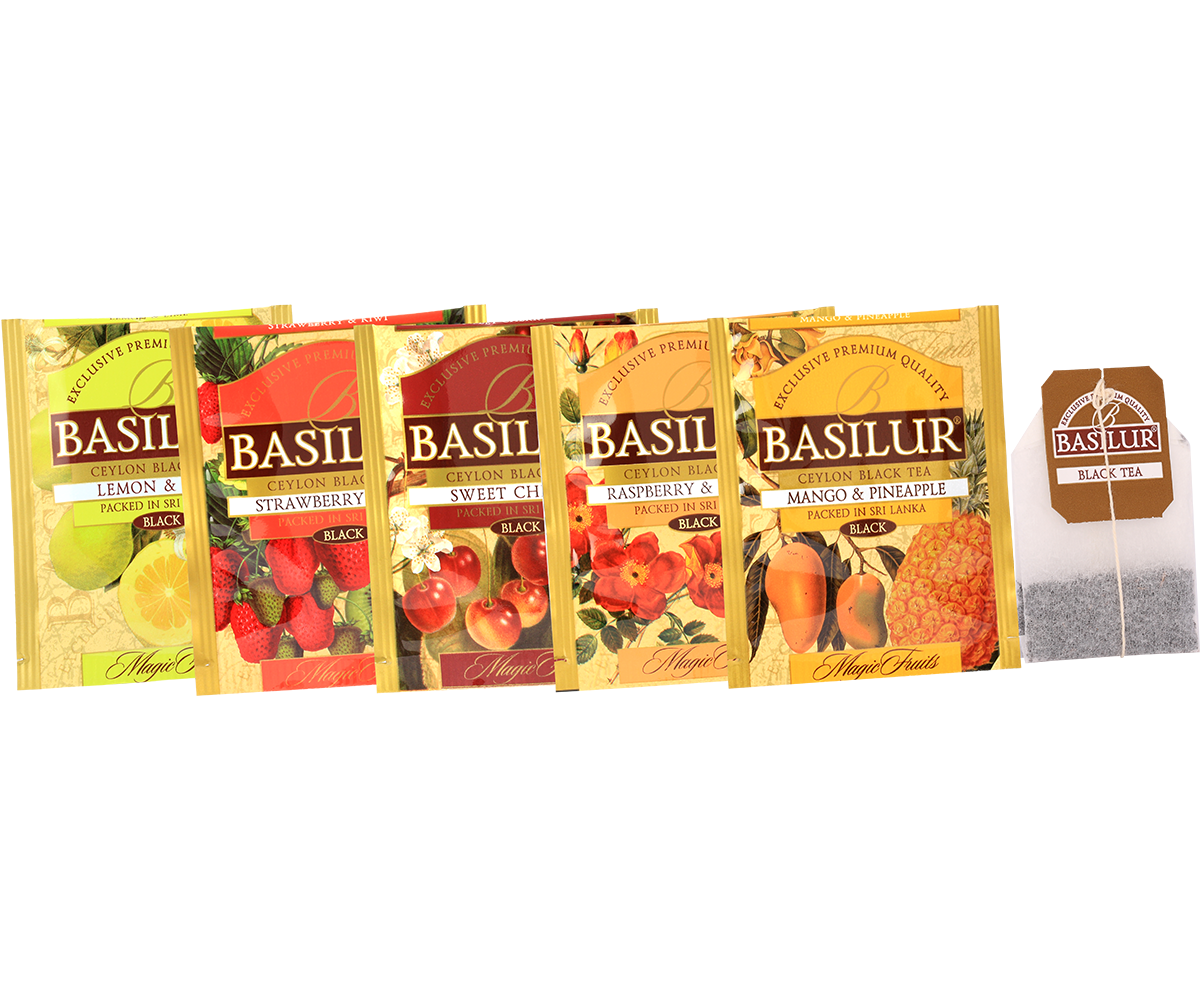 Zestaw herbat Basilur Magic Fruits – asortyment owocowych herbat w kopertach.