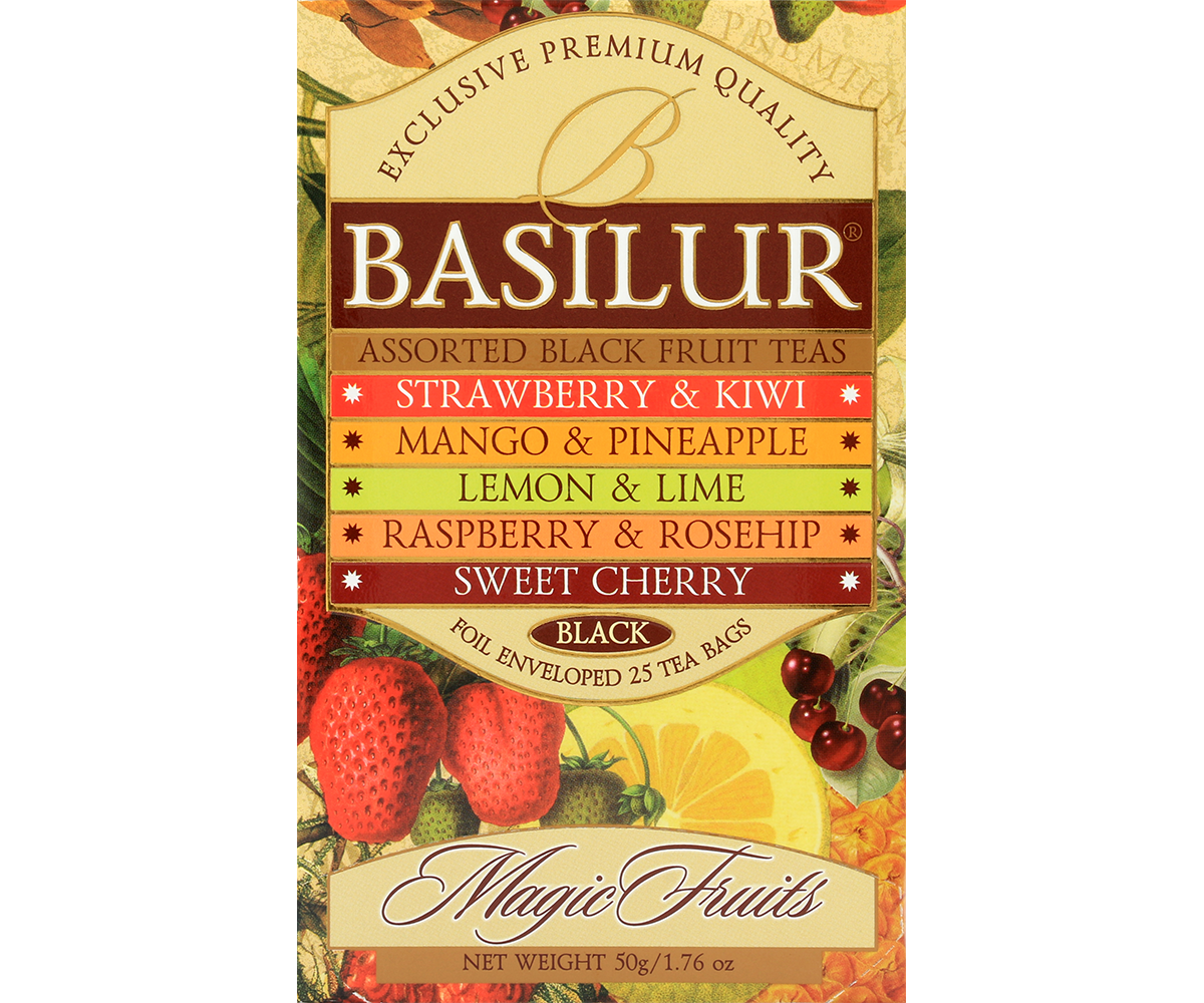 Przód pudełka Basilur Magic Fruits z pięcioma smakami czarnych herbat owocowych.