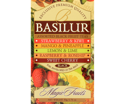 Przód pudełka Basilur Magic Fruits z pięcioma smakami czarnych herbat owocowych.