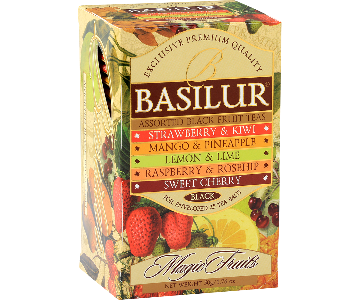 Herbata Basilur Magic Fruits – kolorowe opakowanie z motywami owoców tropikalnych.