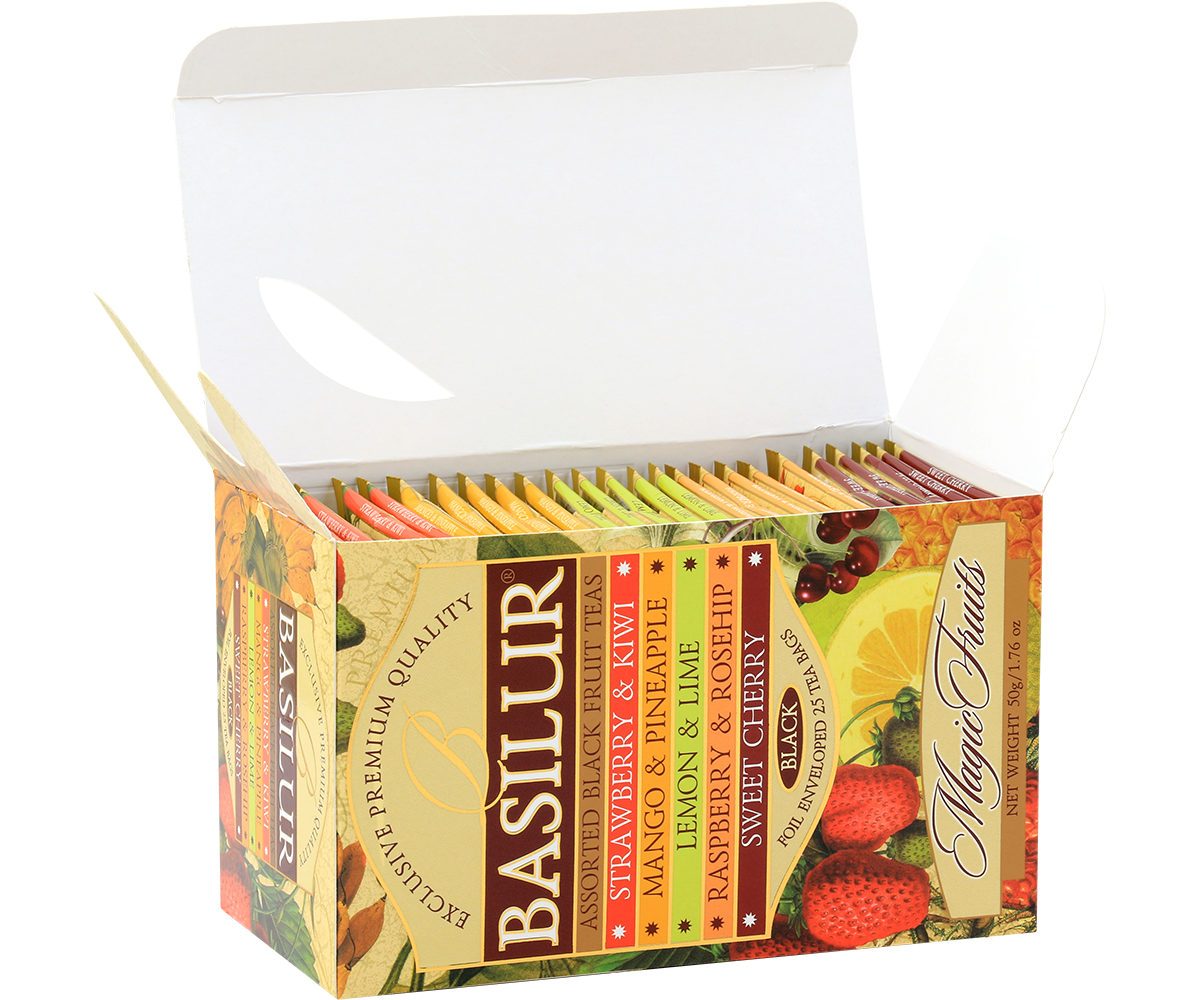 Otwarte opakowanie herbaty Basilur Magic Fruits z widocznymi kolorowymi saszetkami owocowych herbat.