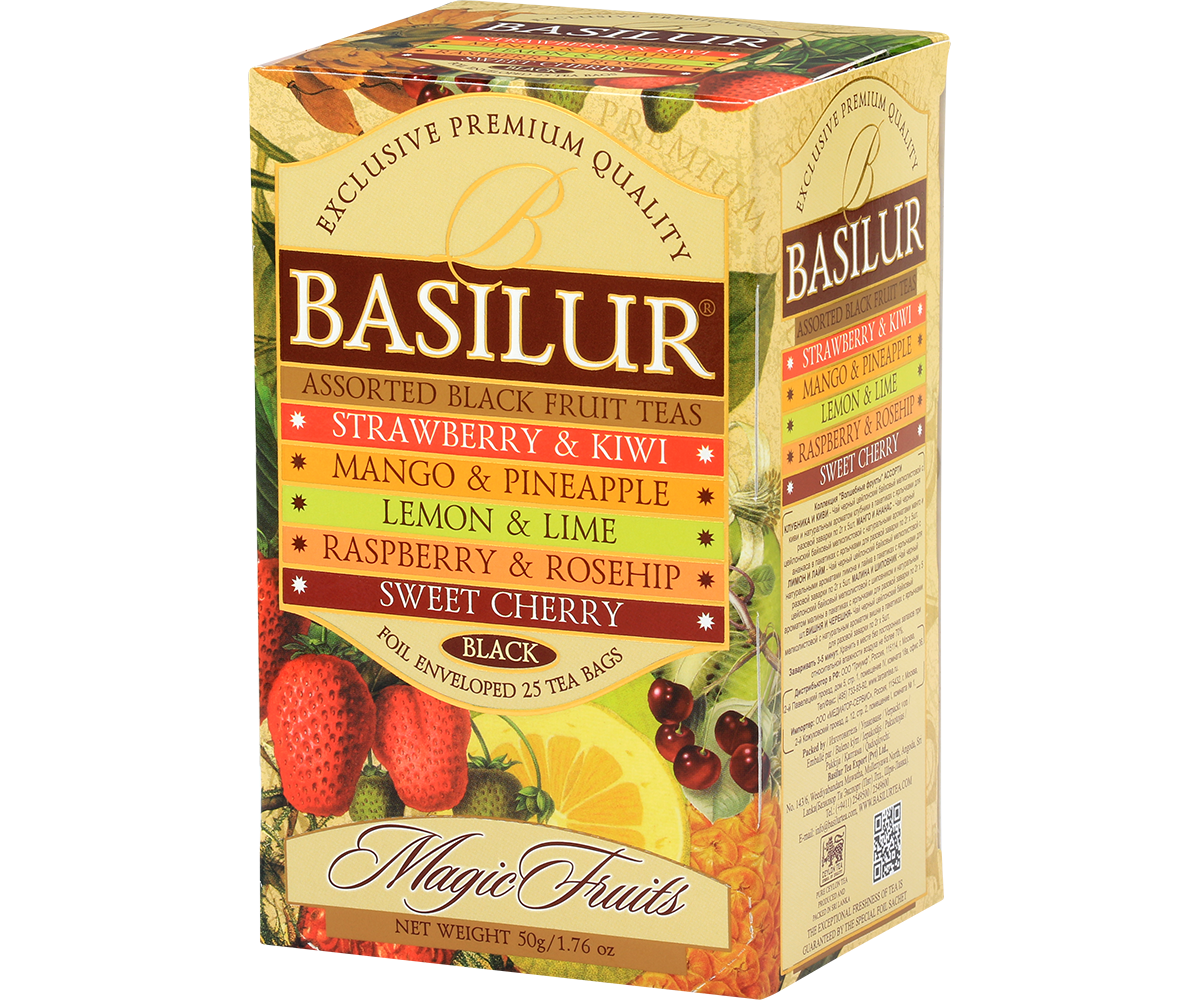 Zestaw herbat Basilur Magic Fruits – asortyment owocowych herbat czarnych w saszetkach.
