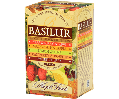 Zestaw herbat Basilur Magic Fruits – asortyment owocowych herbat czarnych w saszetkach.
