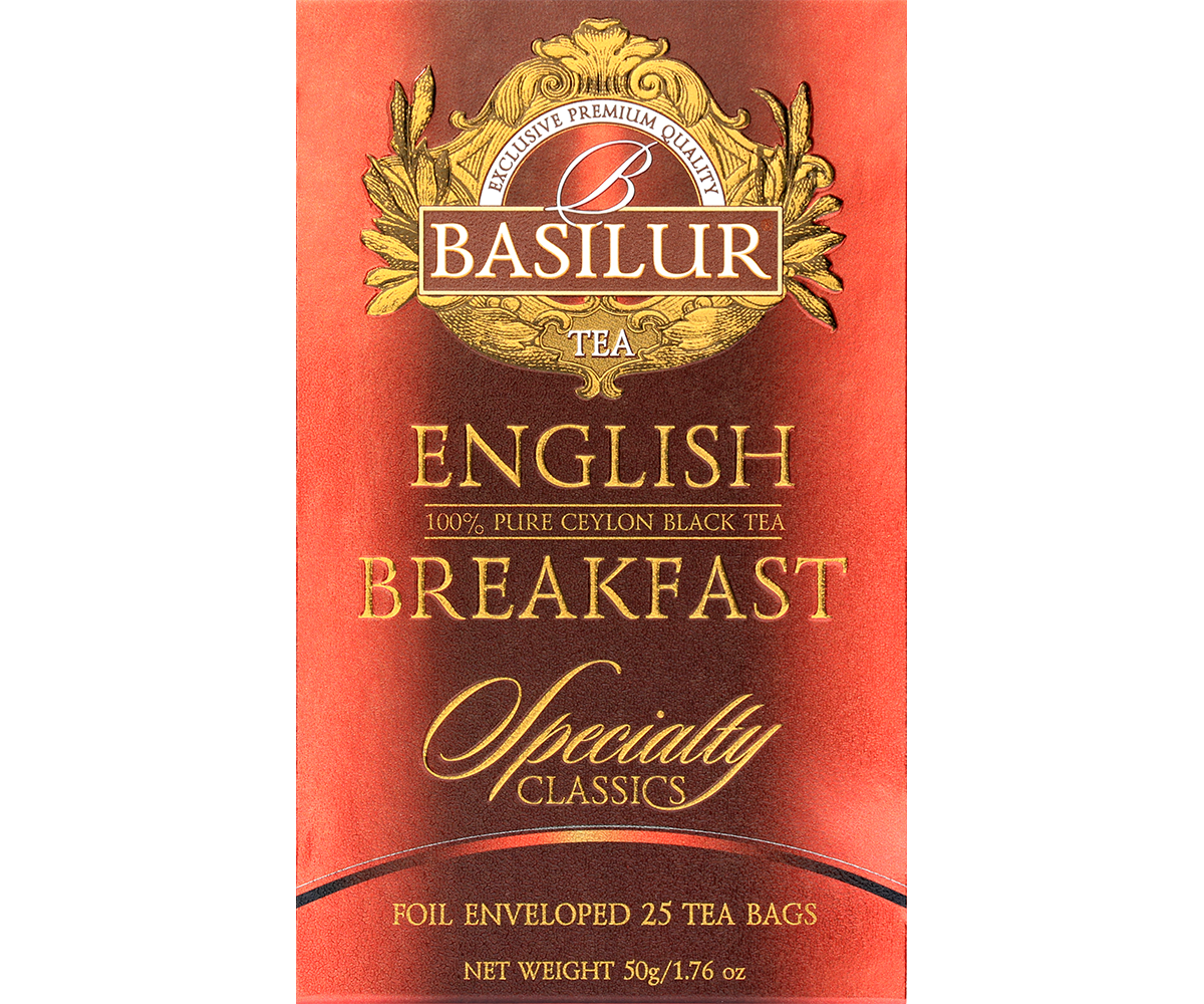 Przód opakowania Basilur English Breakfast z logo i złotymi zdobieniami.