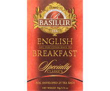 Przód opakowania Basilur English Breakfast z logo i złotymi zdobieniami.
