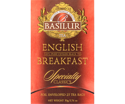 Przód opakowania Basilur English Breakfast z logo i złotymi zdobieniami.