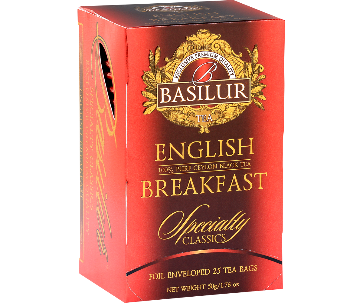 Bok pudełka Basilur English Breakfast z opisem produktu.