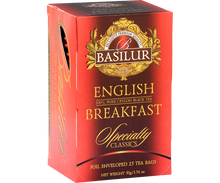 Bok pudełka Basilur English Breakfast z opisem produktu.