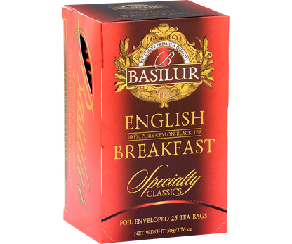 Bok pudełka Basilur English Breakfast z opisem produktu.
